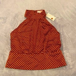 Mock neck backless tan/brown polka dot top, size M